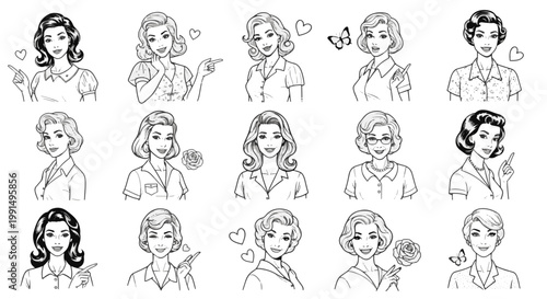 Collection of Retro Girl Portraits with Vintage Hairstyles and Outfits