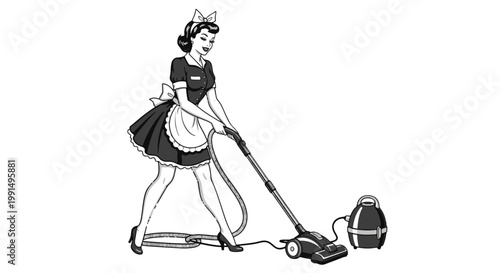 Retro Girl Cleaning with Vacuum Cleaner and Dustpan Vintage Housewife Style