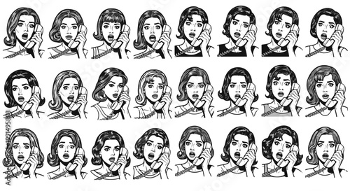 Retro Girl Characters Expressing Shock While Holding Telephones Vintage Style