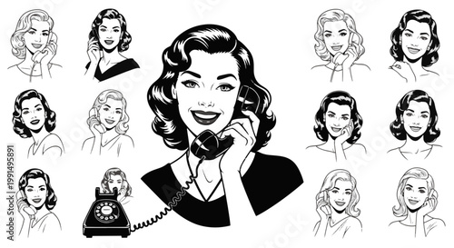 Retro Girl Collection Women Talking on Vintage Telephones Diverse Styles
