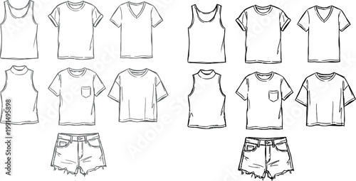 Set of various summer clothes, tshirts, tank tops and denim shorts, fashion flat sketches, apparel design template