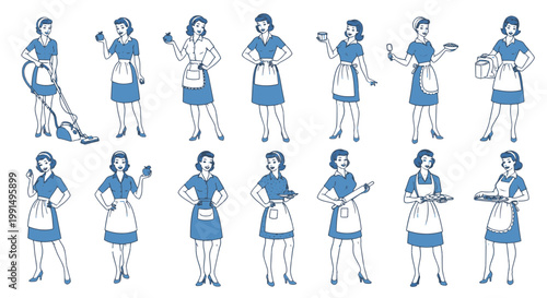 Retro Girl Characters in Blue Dresses and White Aprons Performing Housework and Kitchen Tasks