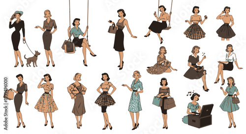 Retro Girl Group Posing with Accessories and Dog