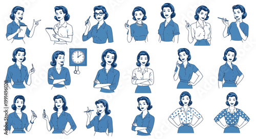 Retro Girl Office Worker Gesturing and Holding Notepad Business Woman in Vintage Style