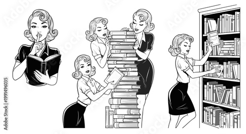 Retro Girl Posing Secretly Holding a Book Near a Tall Stack of Books and Organizing a Bookshelf