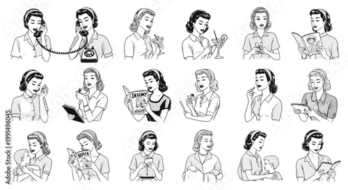 Retro Girl Series Women Engaged in Various Daily Activities Conversations and Personal Care Moments