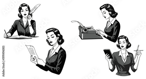 Retro Girl Writing and Typing with Feather Pen and Typewriter