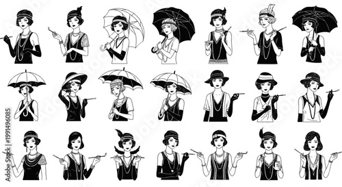Set of 24 Diverse Retro Girl Characters in 1920s Fashion Holding Cigarettes and Umbrellas