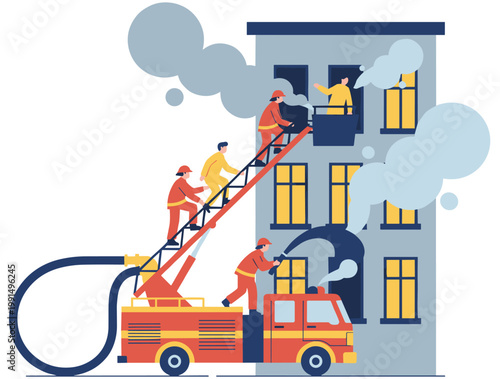 Firefighters bravely rescue people from a burning building using a ladder and hose. Fire truck on scene with smoke billowing from windows. Emergency response operation in progress.
