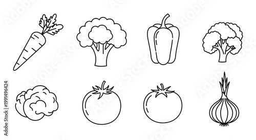 Line art illustration featuring various fresh vegetables in a simple style