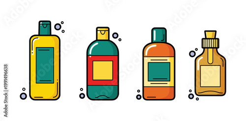 Shampoo and Liquid Bottle Icon Set — Flat Outline Beauty Personal Care Product Vector Illustration