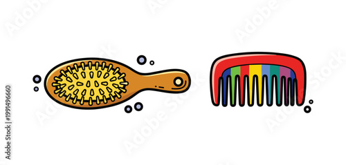 Hair Brush and Comb Colorful Doodle Icon Set — Beauty Hair Care Tools Vector Illustration Isolated