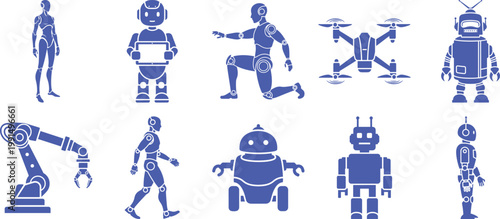 Collection of various robotic icons including humanoids drones and industrial arms. Vector, illustration