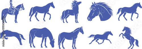 Collection of purple and blue horse silhouettes in various poses like jumping and grazing. Vector, illustration