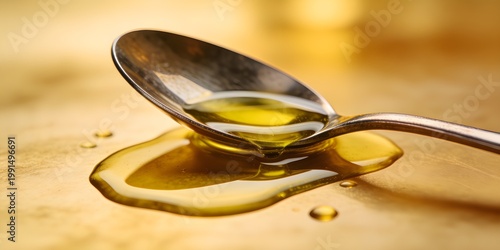 A spoon with oil spilled on a surface, showcasing a golden liquid.