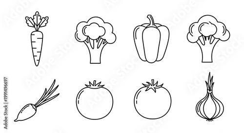Line art illustration featuring various fresh vegetables in a simple style