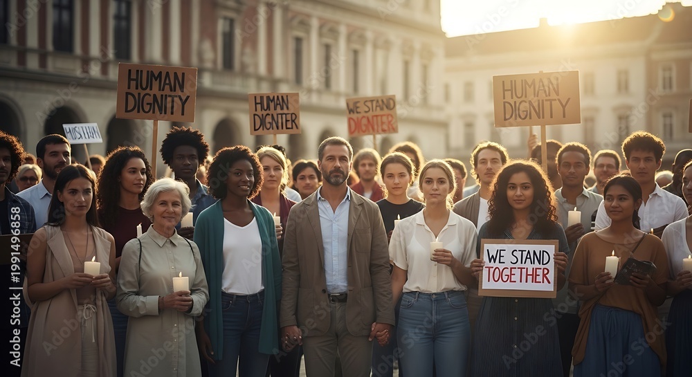 Obraz premium Diverse group of people standing together at a peaceful public protest holding candles and signs.