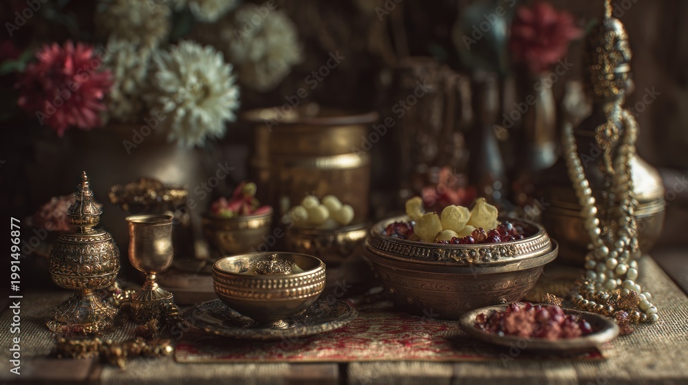 Fototapeta premium Ornate still life with jeweled vessels, fruits, flowers and precious artifacts