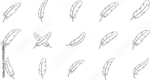 Minimalist feather icons, feather illustrations, line art feathers, simple quill graphics, 13 feather designs