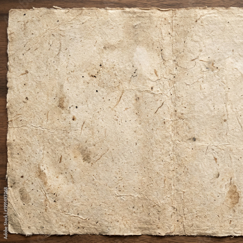 Aged Handmade Paper Texture on Wooden Table Background, Vintage Parchment