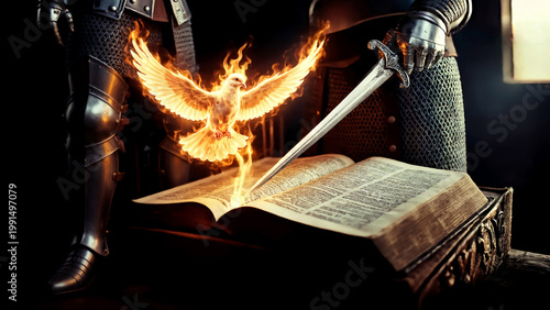 Bible and Flaming Sword of Spirit - Whole Armor of God/ Spiritual Warrior/ Warfare - Bible Illustration HD [16:9]