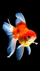 A vibrant orange and white fish with blue fins