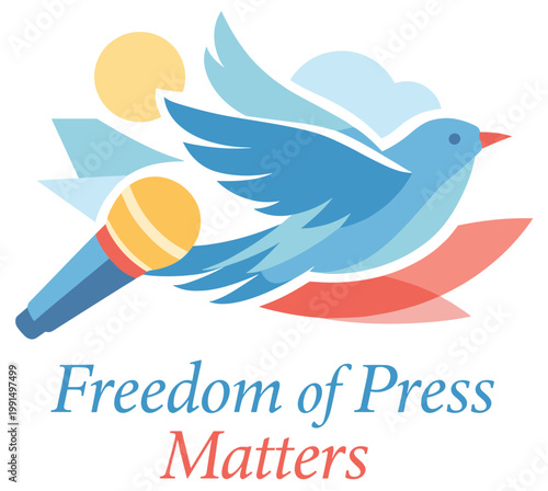 Powerful visual for freedom of press. Features a stylized bird in flight emerging from a microphone, set against abstract, flowing shapes and colors. Symbolizes free speech, journalism,