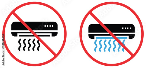No Air Conditioner Vector Icon, Prohibition Symbol With Black And Red Air Conditioning Unit Silhouette In Clean Minimal Style, Ban And Restriction Sign For Energy Saving Rules, Safety Notice