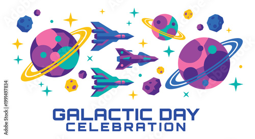 Outer space background featuring colorful planets with rings rocket ships flying through galaxy among stars and asteroids. Sci-fi cartoon illustration for cosmic themed event or sci-fi party.
