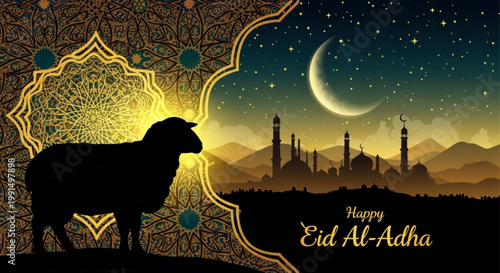 Silhouette of a sheep against a golden mandala and a mosque skyline at night celebrating Eid Al-Adha with a crescent moon and starry sky