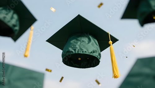 Many green graduation caps are thrown into the air at a graduation ceremony, symbolizing global education and achievement