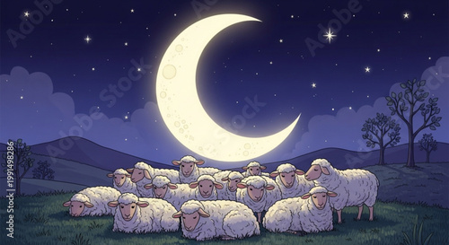 Flock of sheep resting under a large crescent moon and starry night sky peaceful rural landscape concept for sleep and tranquility