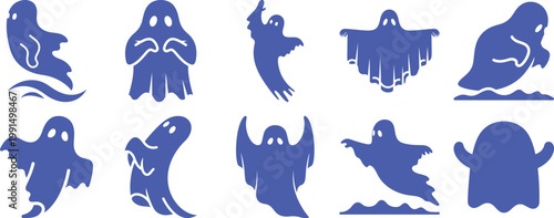 A collection of ten cute blue ghost characters in various spooky poses for halloween Vector, illustration