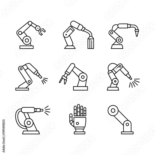 Robotic manufacturing equipment icons set for smart factory solutions including various manipulator arms and bionic hand designs.