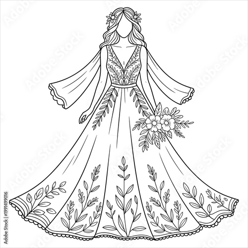 Line of a bride in a floral gown with bouquet wedding dress