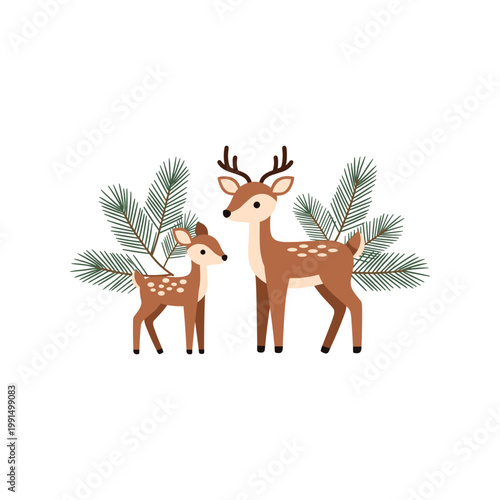 Illustrated deer and fawn with pine branches in flat minimalist style for Christmas greeting cards