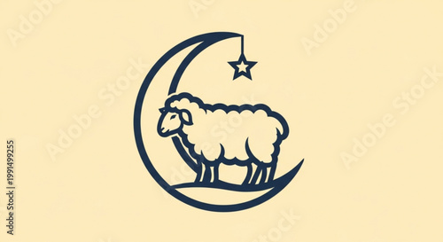 Ramadan sheep and crescent moon logo Islamic holiday symbol vector illustration for greeting cards and religious events