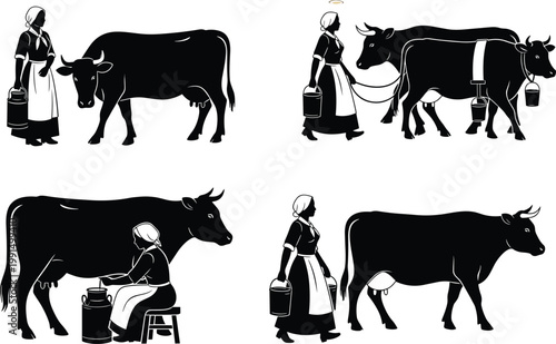 Traditional Dairy Farm Silhouettes Featuring Milkmaids Tending to Cows and Milking ActivitiesTraditional Dairy Farm Silhouettes Featuring Milkmaids Tending to Cows and Milking Activities