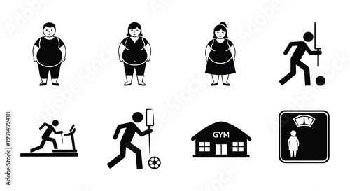 Weight loss journey depicted through diverse fitness and body image icons