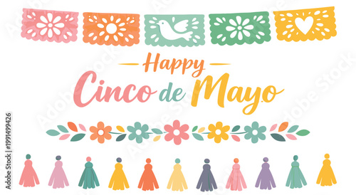 Festive cinco de mayo illustration with colorful papel picado, sombreros, flowers, and tassels. Traditional Mexican celebration, holiday greeting card design.