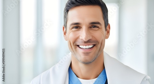 A smiling doctor wearing a white lab coat in a bright medical setting