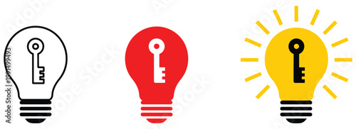 Light Bulb With Key Icon, Idea And Solution Concept Symbol In Minimal Style, Creativity And Security Combination For Innovation, Knowledge Unlock, Business Strategy, And Digital Access Control