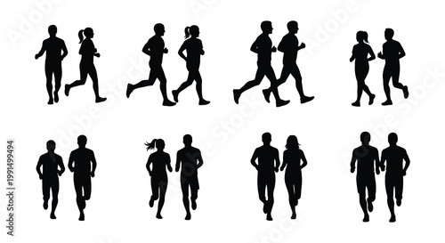 Silhouettes of people running depicting movement and physical activity