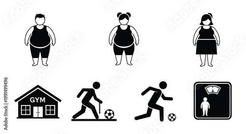 Weight loss journey depicted through diverse fitness and body image icons