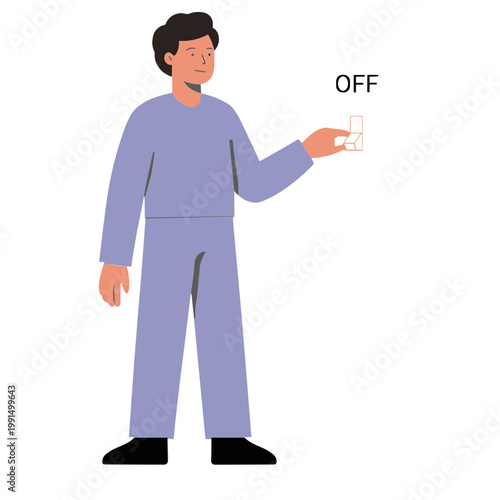 A man switches off a light switch indoors.