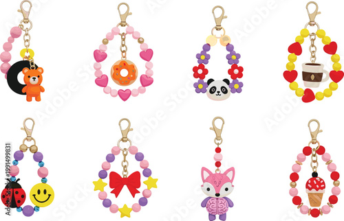 Colorful Beaded Keychain and Lanyard Vector Set Featuring Cute Charms Including Teddy Bear, Panda, Fox, Donut, Smiley Face, and Red Bow Icons