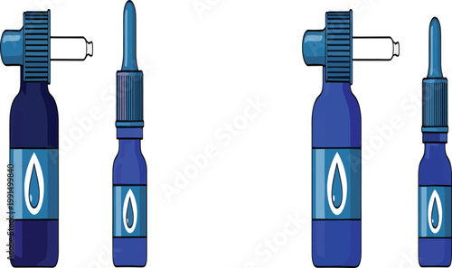 Professional Blue Glass Dropper Bottle and Small Liquid Ampoule Set with Water Drop Labels for Medical Skincare and Pharmaceutical Product Laboratory Designs