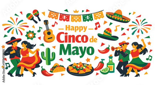 Happy cinco de mayo celebration with dancing couples, mariachi playing music, and festive elements like fireworks, cactus, and food. Traditional Mexican holiday with vibrant colors and decorations.