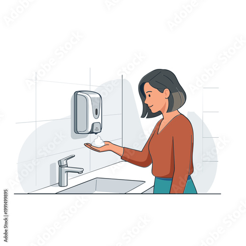 Woman using hand sanitizer dispenser at sink in bathroom