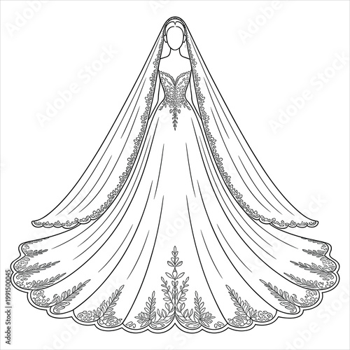 Line of a bride in a lace wedding dress with a long veil